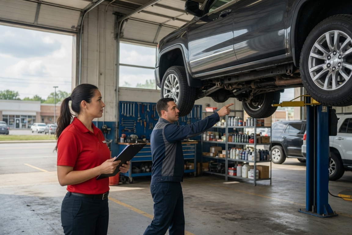 Two Mechanics reviewing an SUV on a lift for Service.
